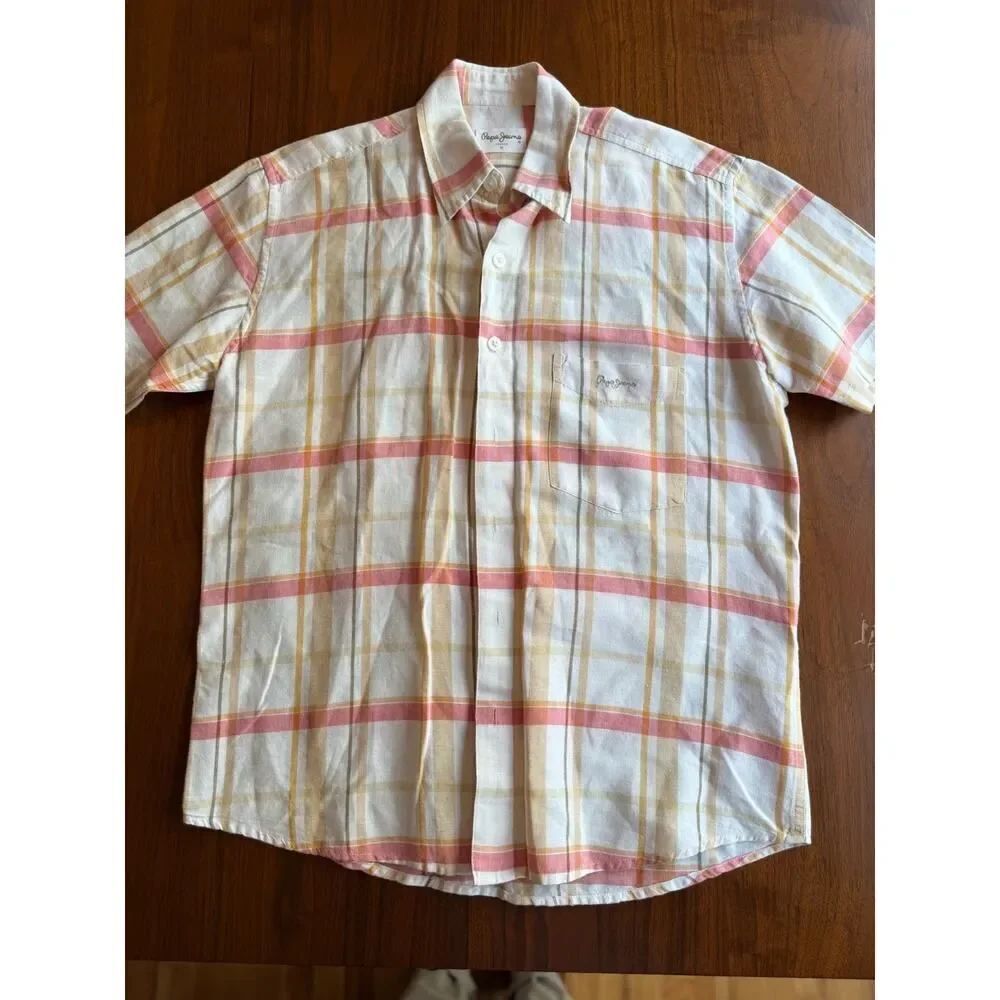 Pepe Jeans London Men's Check Mesh Plaid Short Sleeve Button Down - Size M